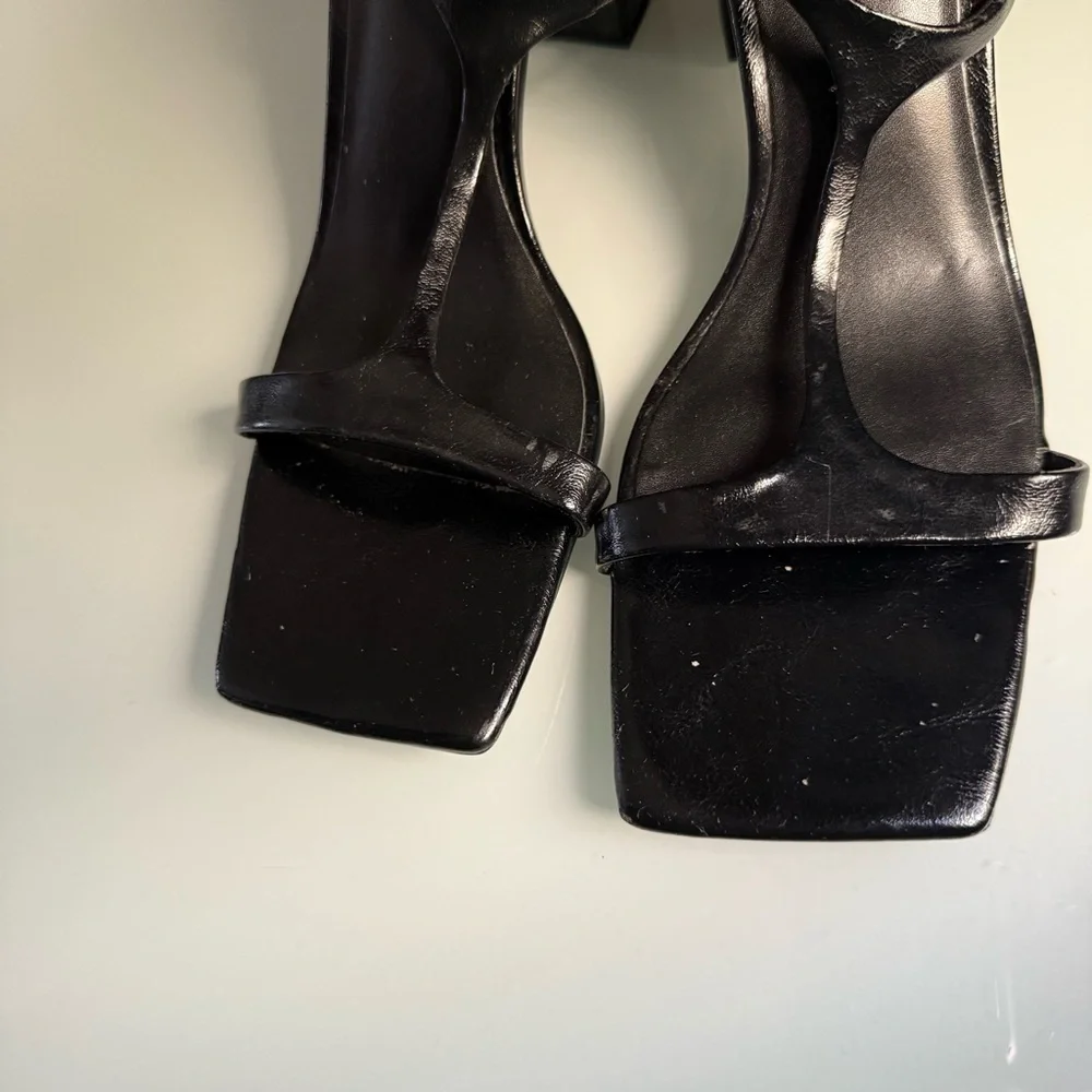 ZARA Black Leather Square- toe Block Heels Size 9